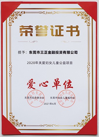 6月3日上午，東莞市婦聯(lián)聯(lián)合市委組織部、市直工委、市婦女兒童福利會(huì)共同啟動(dòng)了2021年東莞市婦女兒童“黨群公益匯”活動(dòng)。啟動(dòng)議式上，三正金融投資公司被授予“愛心單位”榮譽(yù)證書。